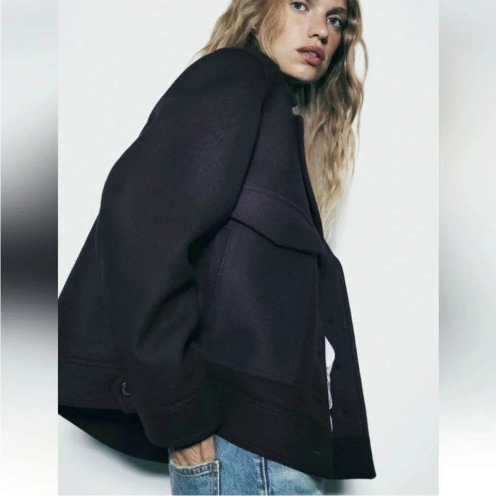 Zara ZW Collection Cropped Manteco Wool Coat Jacket Size M NWT